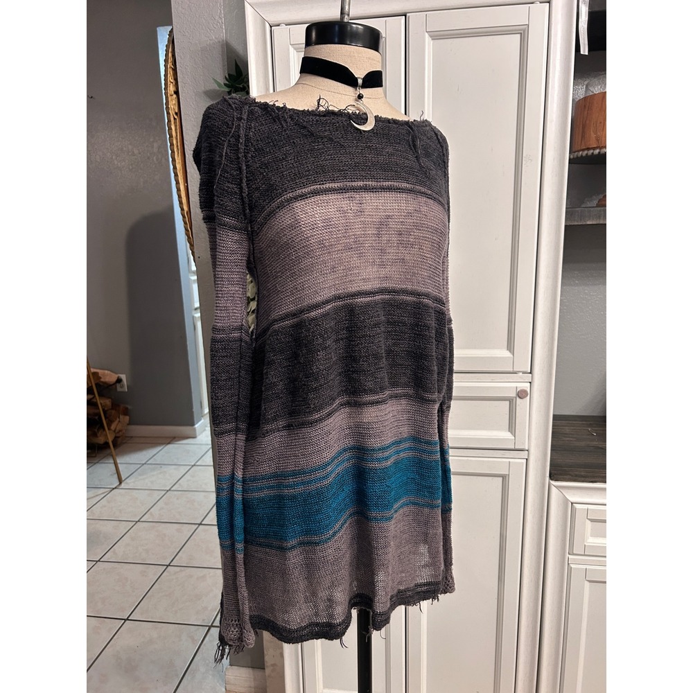Free People Striped Tunic Sweater Grey Teal Distressed Knit Boho Small - Picture 10 of 11